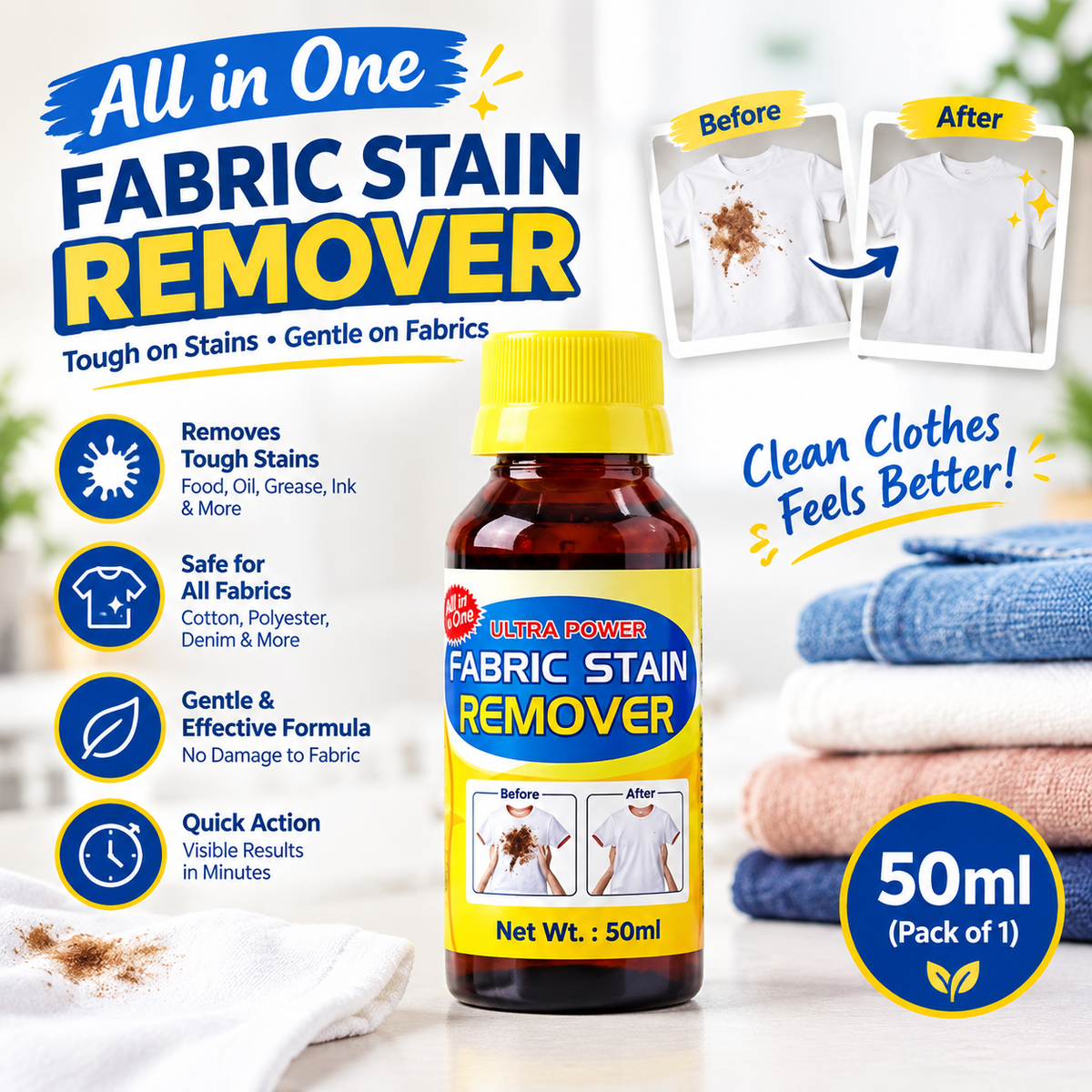 "All in One Fabric Stain Remover 50 ML (Pack of 1 Bottle 50ml Each)"