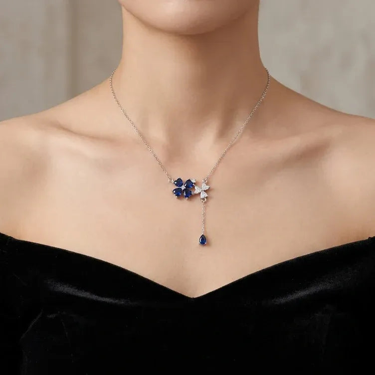 Blue Flower Drop Diamond 925 Sterling Silver Pendant Chain for Women